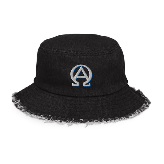 Alpha and Omega- Distressed denim bucket hat