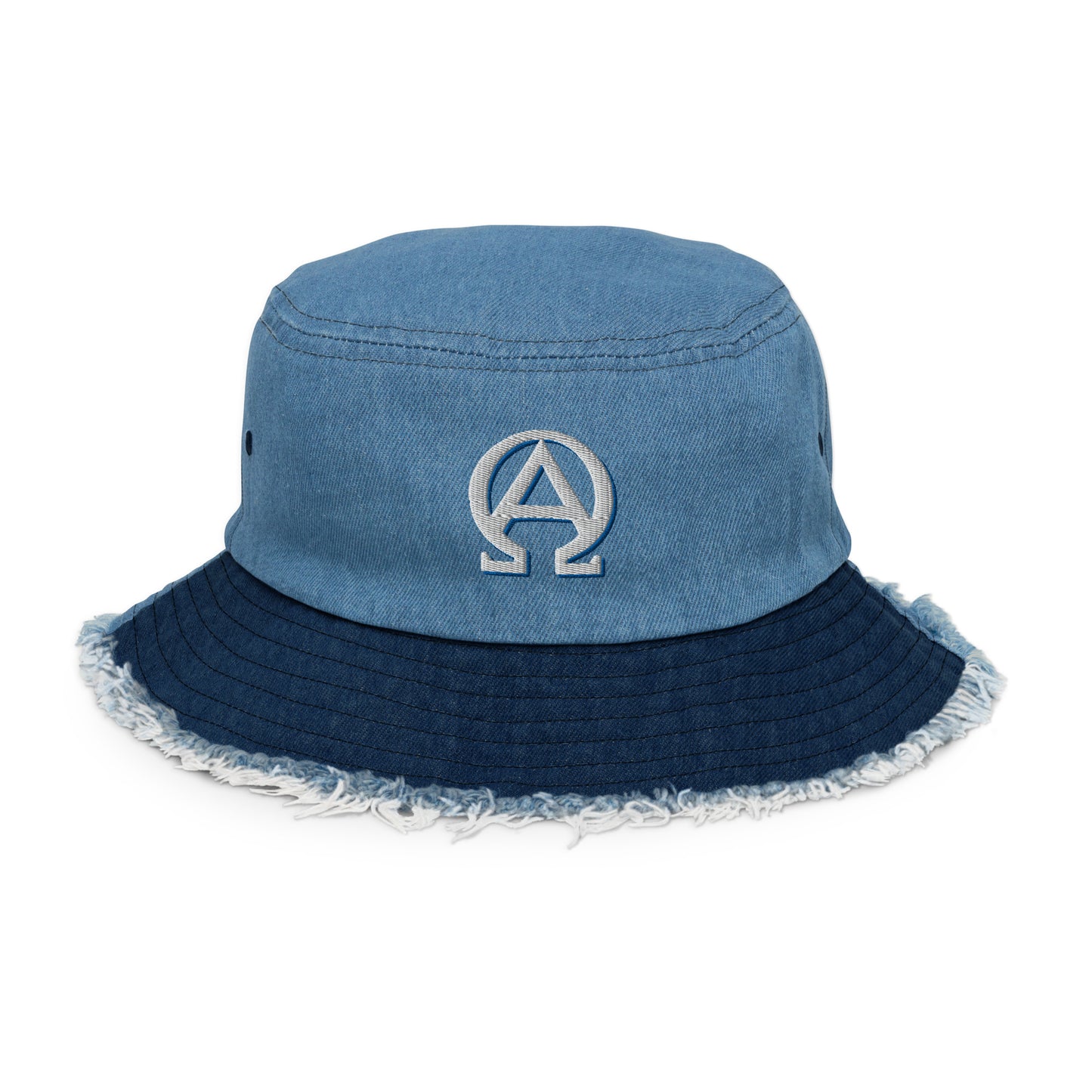 Alpha and Omega- Distressed denim bucket hat