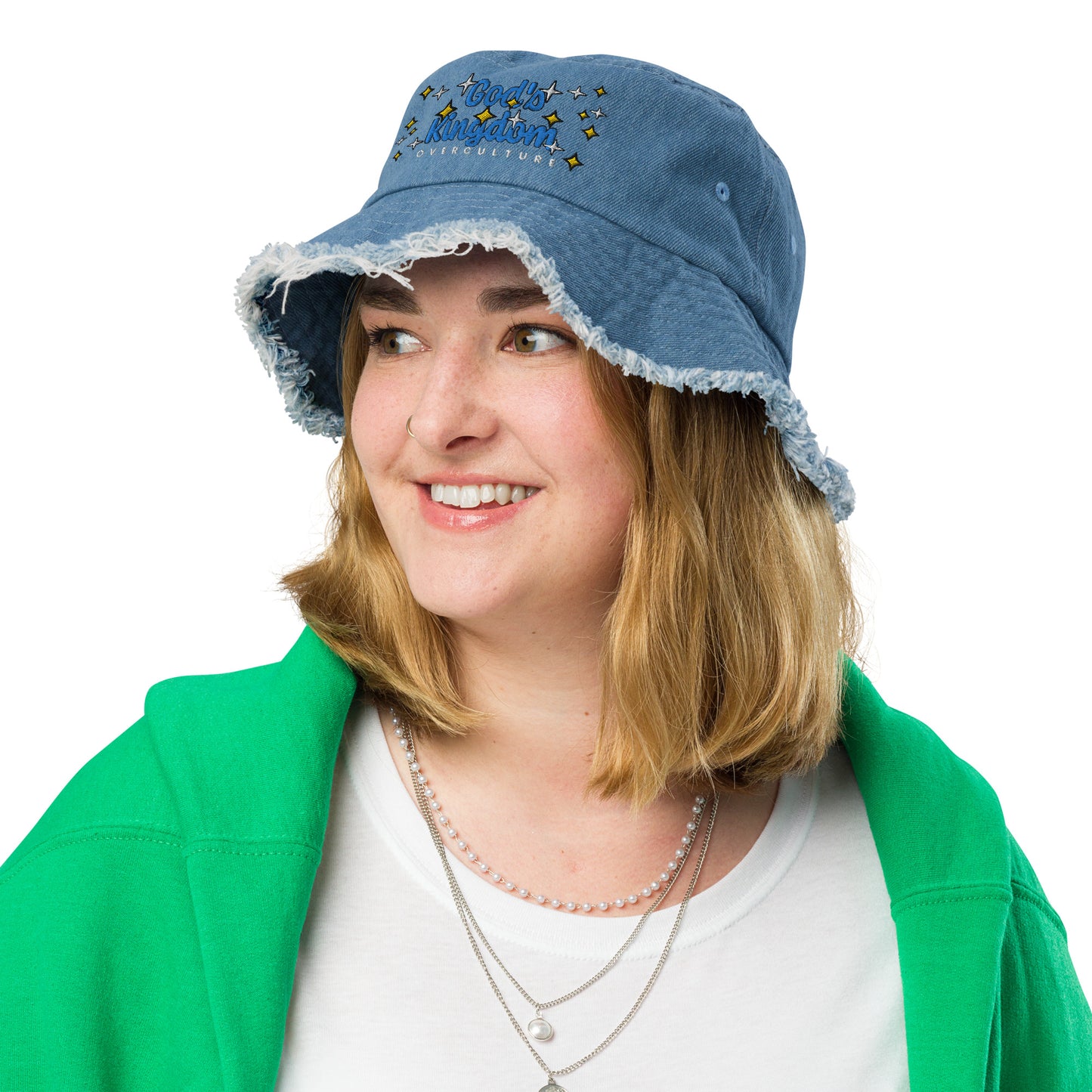 God's Kingdom- Distressed denim bucket hat