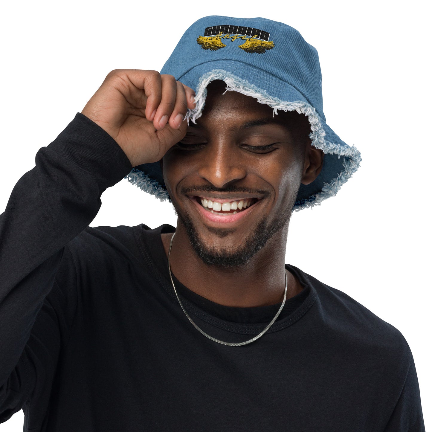 Guardian Angel- Distressed denim bucket hat