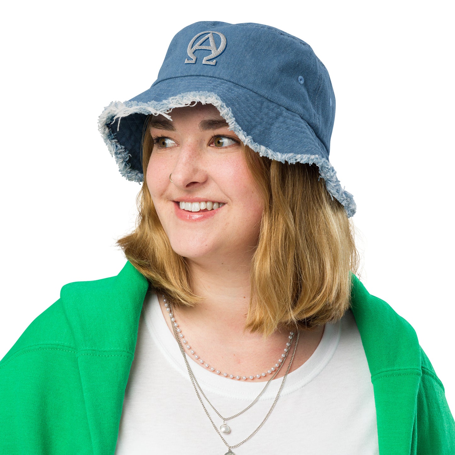 Alpha and Omega- Distressed denim bucket hat